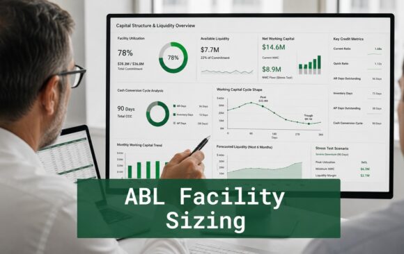 Finance professionals reviewing ABL facility sizing dashboards showing working capital cycle analysis, cash conversion metrics, and borrowing base forecasting