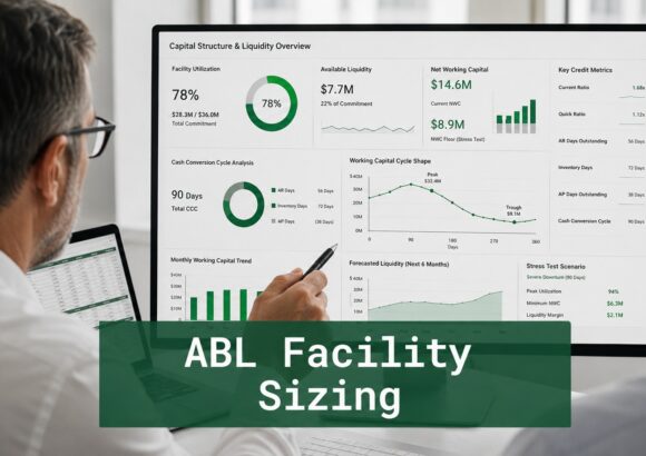 Finance professionals reviewing ABL facility sizing dashboards showing working capital cycle analysis, cash conversion metrics, and borrowing base forecasting