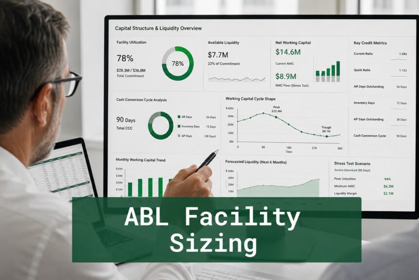 Finance professionals reviewing ABL facility sizing dashboards showing working capital cycle analysis, cash conversion metrics, and borrowing base forecasting