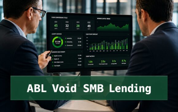 Finance professionals reviewing ABL dashboard metrics and working capital analytics related to SMB lending and forensic capital structure design.