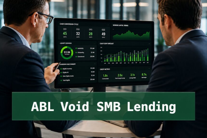 Finance professionals reviewing ABL dashboard metrics and working capital analytics related to SMB lending and forensic capital structure design.