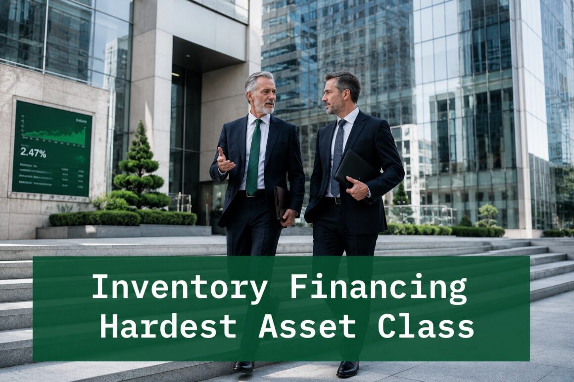 Inventory Financing Hardest Asset Class Commercial Lending Analysis enior finance professionals discussing inventory financing strategy outside a modern corporate office building with financial district architecture and analytical business context