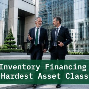 enior finance professionals discussing inventory financing strategy outside a modern corporate office building with financial district architecture and analytical business context