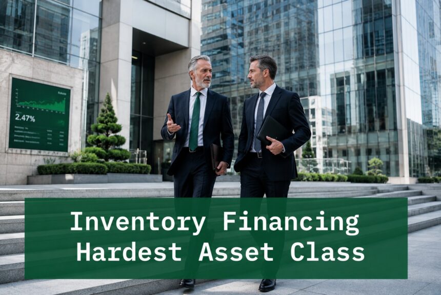 enior finance professionals discussing inventory financing strategy outside a modern corporate office building with financial district architecture and analytical business context