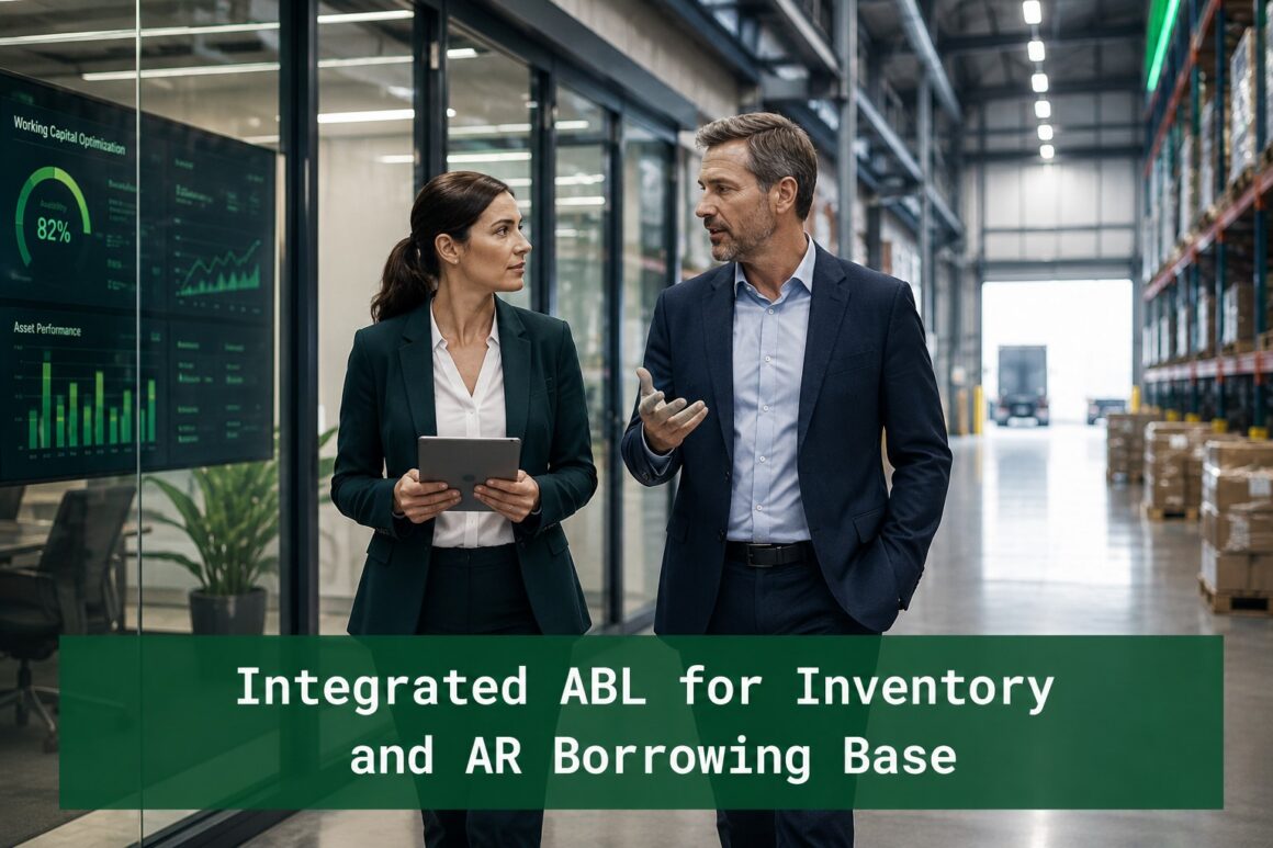Two finance executives walking through a modern warehouse and glass-office corridor discussing integrated ABL inventory and receivables financing structures