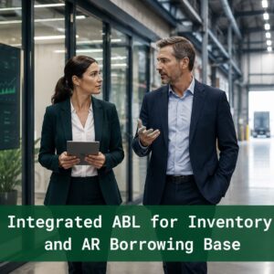Two finance executives walking through a modern warehouse and glass-office corridor discussing integrated ABL inventory and receivables financing structures