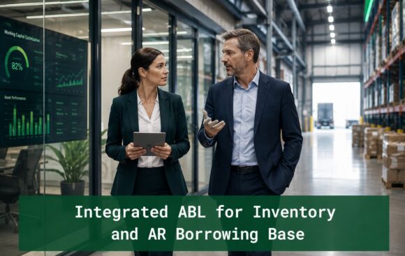 Two finance executives walking through a modern warehouse and glass-office corridor discussing integrated ABL inventory and receivables financing structures