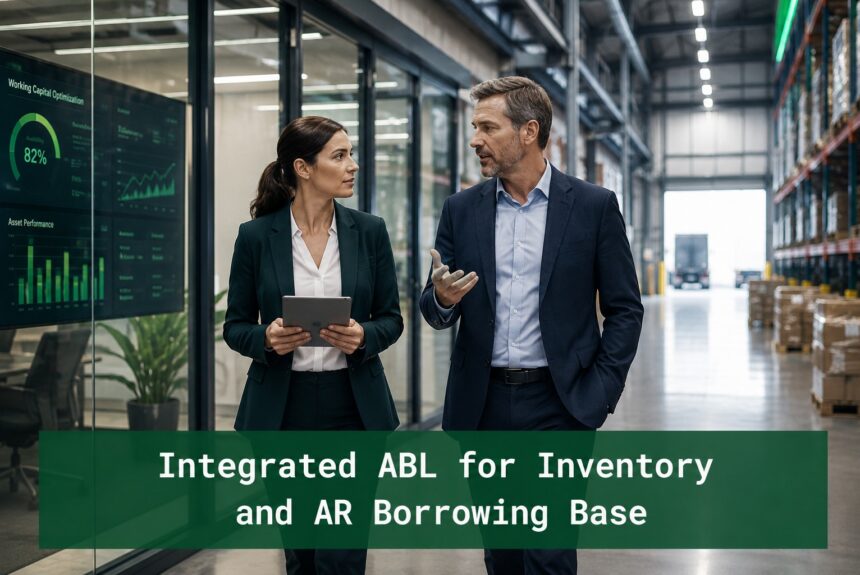Two finance executives walking through a modern warehouse and glass-office corridor discussing integrated ABL inventory and receivables financing structures