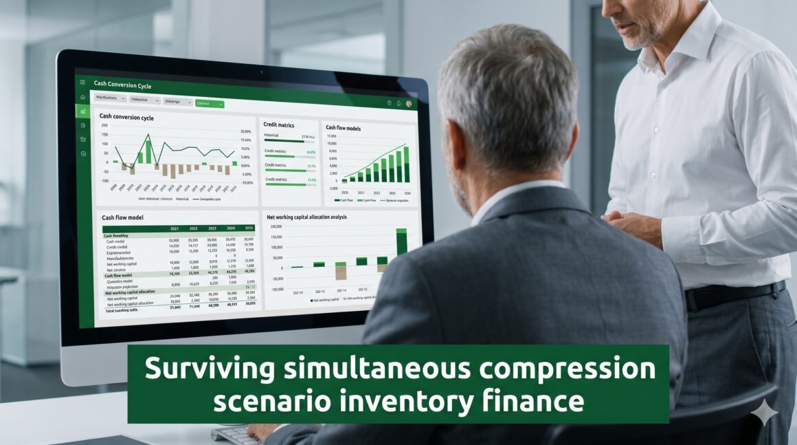 Surviving Simultaneous Compression Scenario Inventory Finance Senior finance professional reviewing asset-based lending credit metrics and cash conversion cycle dashboards for inventory finance governance