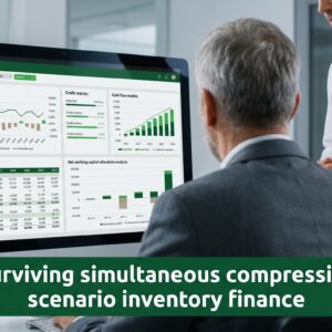 Senior finance professional reviewing asset-based lending credit metrics and cash conversion cycle dashboards for inventory finance governance
