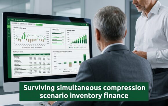 Senior finance professional reviewing asset-based lending credit metrics and cash conversion cycle dashboards for inventory finance governance
