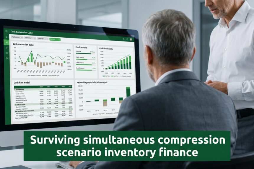 Senior finance professional reviewing asset-based lending credit metrics and cash conversion cycle dashboards for inventory finance governance