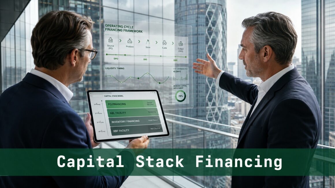 Senior finance professionals reviewing a capital stack financing model on a corporate terrace
