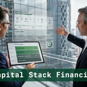Senior finance professionals reviewing a capital stack financing model on a corporate terrace
