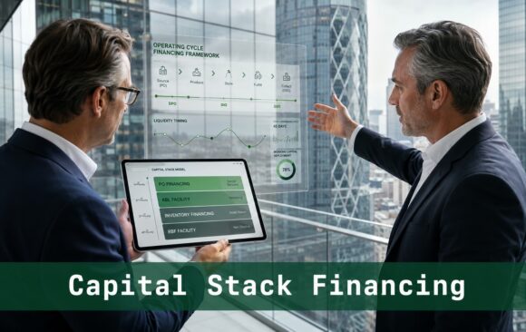 Senior finance professionals reviewing a capital stack financing model on a corporate terrace