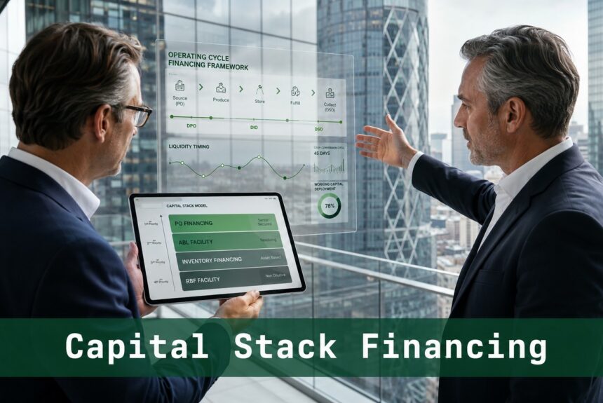 Senior finance professionals reviewing a capital stack financing model on a corporate terrace
