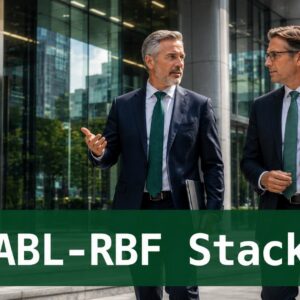 Senior finance professionals analyzing ABL-RBF Stack working capital financing and borrowing-base strategy outside a modern corporate financial building