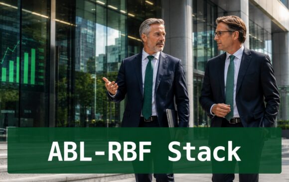 Senior finance professionals analyzing ABL-RBF Stack working capital financing and borrowing-base strategy outside a modern corporate financial building