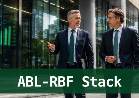 Senior finance professionals analyzing ABL-RBF Stack working capital financing and borrowing-base strategy outside a modern corporate financial building