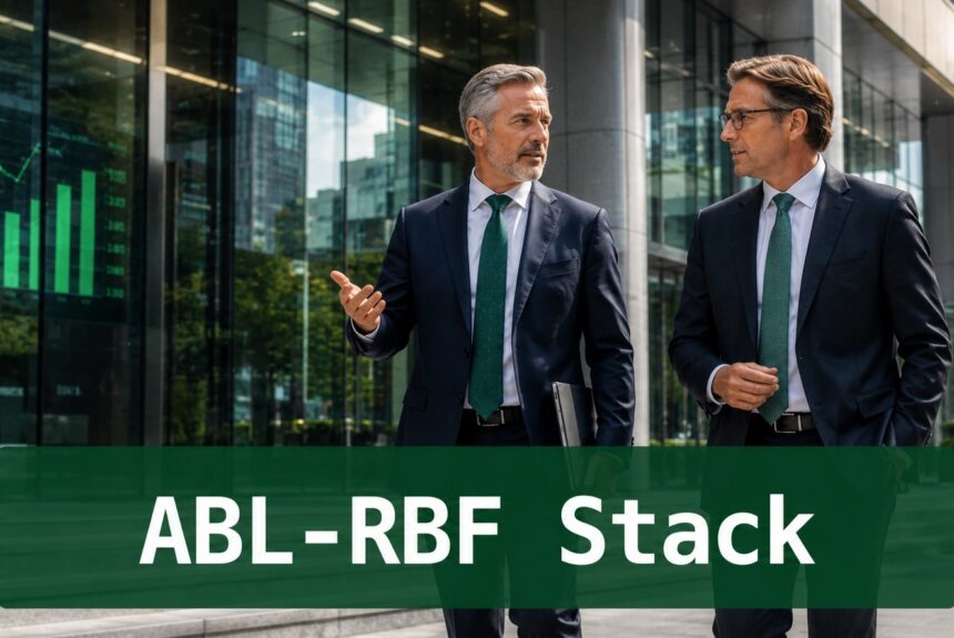 Senior finance professionals analyzing ABL-RBF Stack working capital financing and borrowing-base strategy outside a modern corporate financial building