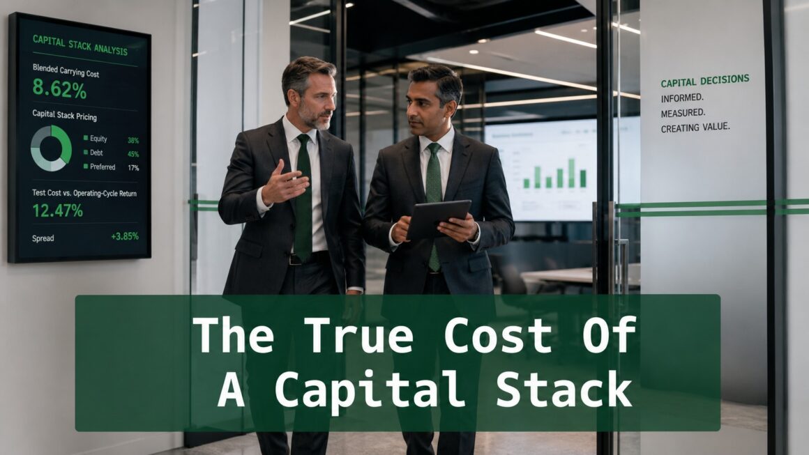 Two finance professionals reviewing capital stack cost analysis outside a modern boardroom