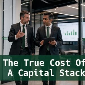 Two finance professionals reviewing capital stack cost analysis outside a modern boardroom