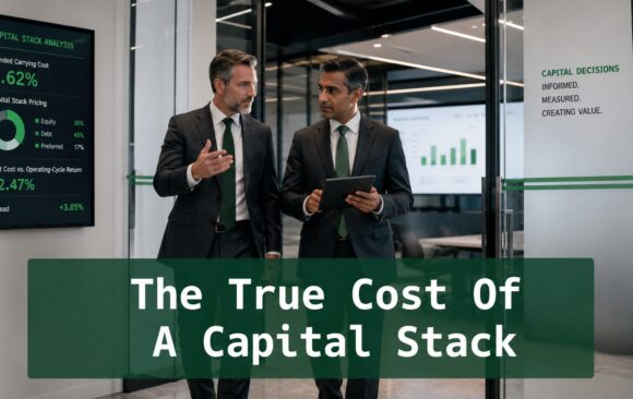 Two finance professionals reviewing capital stack cost analysis outside a modern boardroom