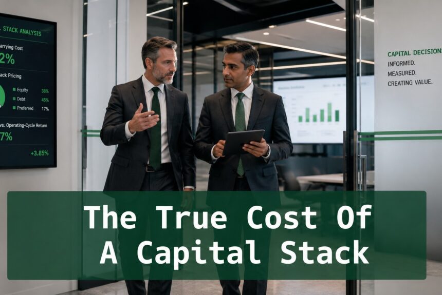 Two finance professionals reviewing capital stack cost analysis outside a modern boardroom