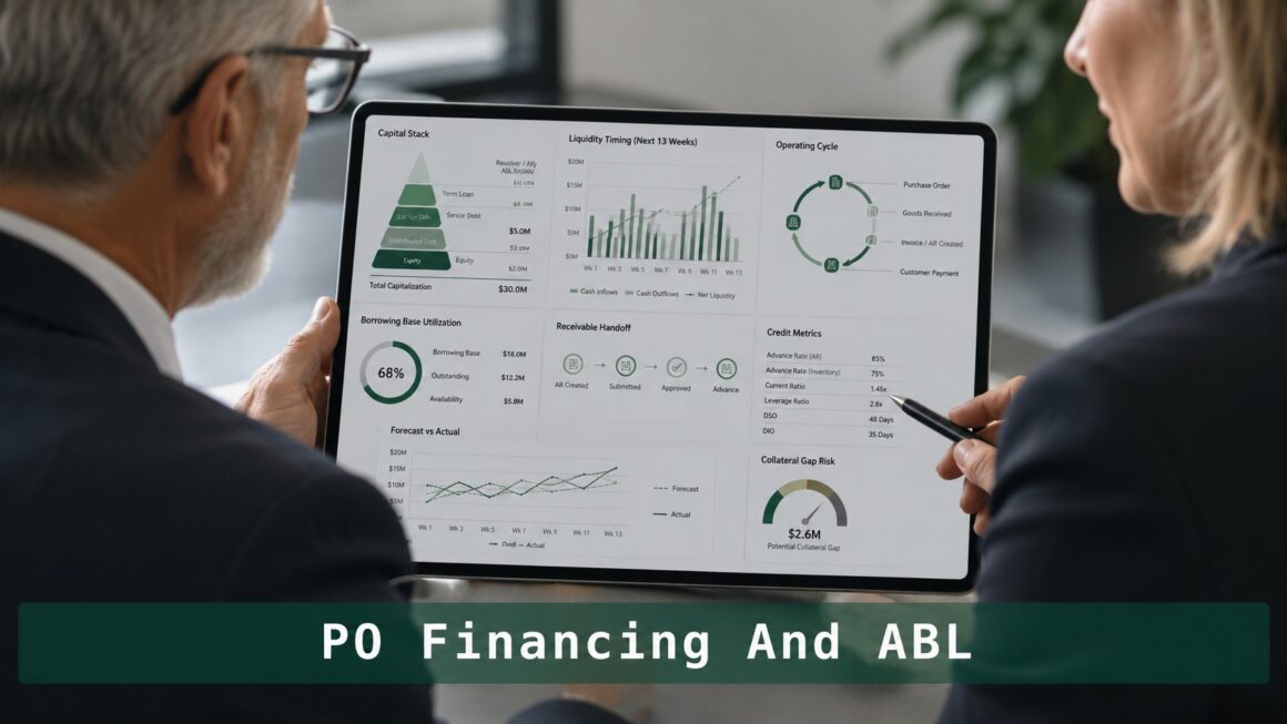 Senior finance professionals reviewing PO financing and ABL transition metrics on a tablet dashboard.