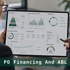 PO Financing And ABL Senior finance professionals reviewing PO financing and ABL transition metrics on a tablet dashboard.