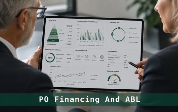 Senior finance professionals reviewing PO financing and ABL transition metrics on a tablet dashboard.