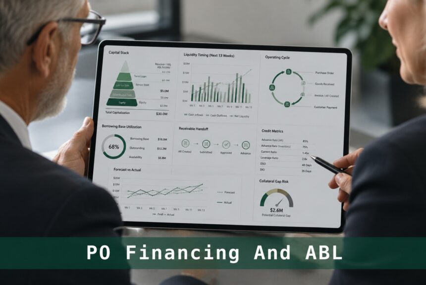 Senior finance professionals reviewing PO financing and ABL transition metrics on a tablet dashboard.