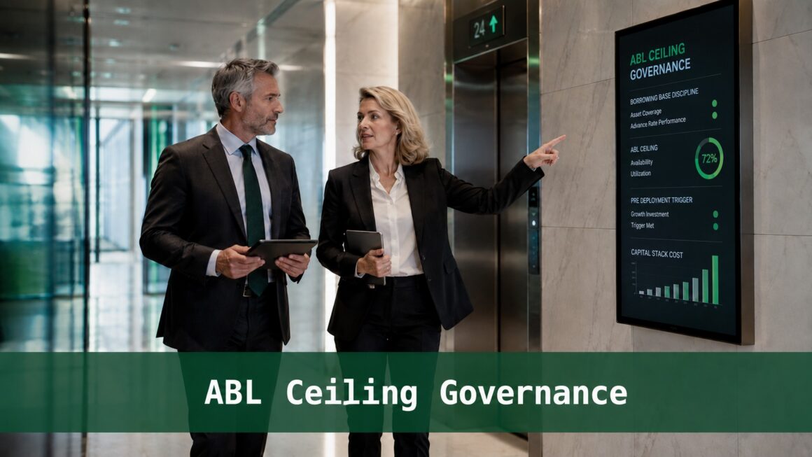 ABL Ceiling Governance Two senior finance professionals review an ABL ceiling governance dashboard in an executive elevator lobby