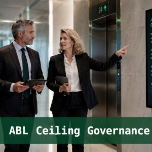 Two senior finance professionals review an ABL ceiling governance dashboard in an executive elevator lobby