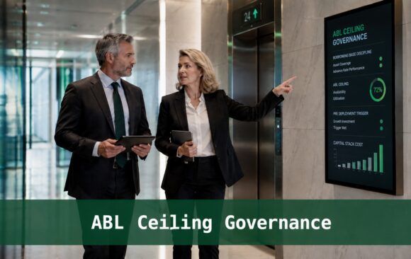 Two senior finance professionals review an ABL ceiling governance dashboard in an executive elevator lobby