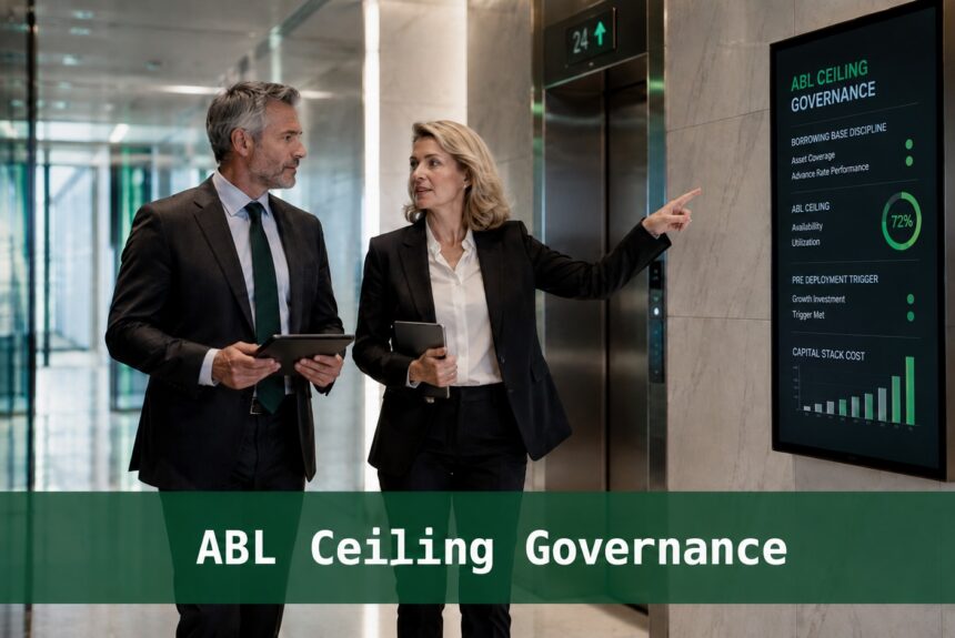 Two senior finance professionals review an ABL ceiling governance dashboard in an executive elevator lobby