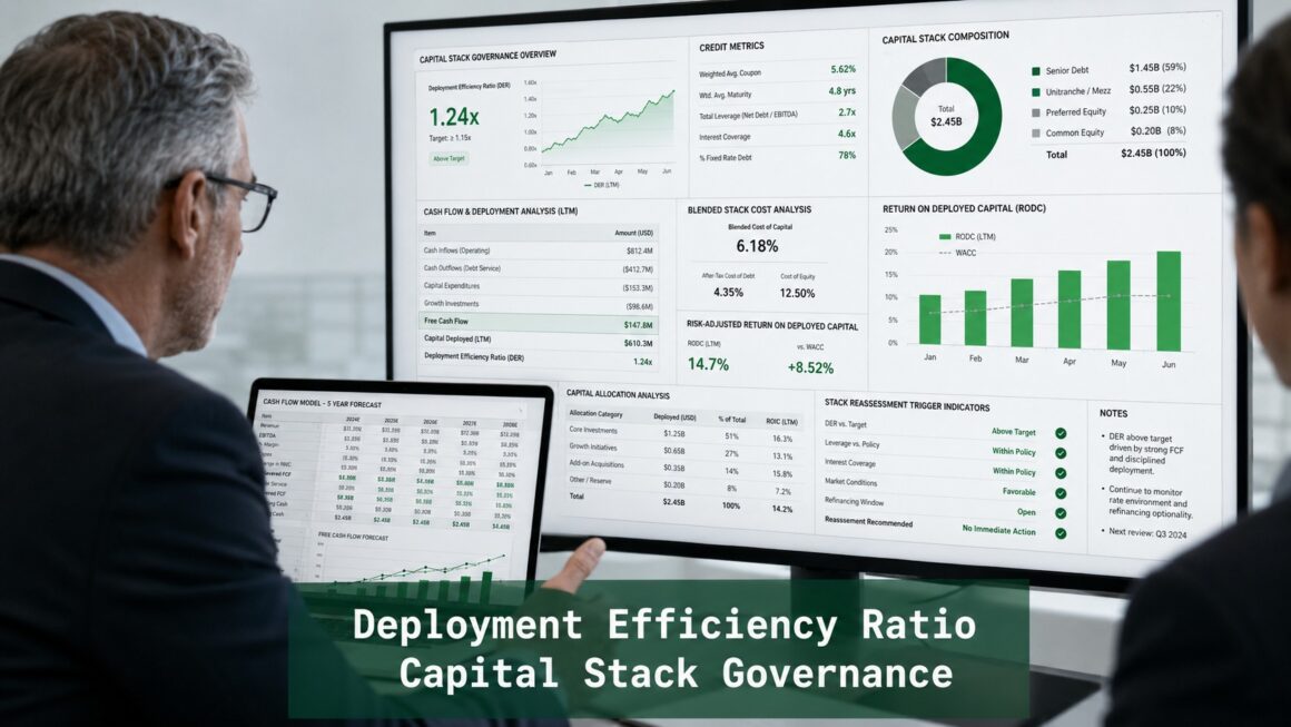 Senior finance professionals reviewing capital stack governance dashboards showing Deployment Efficiency Ratio, blended stack cost, return on deployed capital, and stack reassessment indicators