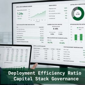 Deployment Efficiency Ratio Capital Stack Governance Senior finance professionals reviewing capital stack governance dashboards showing Deployment Efficiency Ratio, blended stack cost, return on deployed capital, and stack reassessment indicators