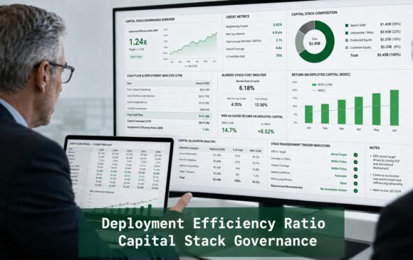 Senior finance professionals reviewing capital stack governance dashboards showing Deployment Efficiency Ratio, blended stack cost, return on deployed capital, and stack reassessment indicators