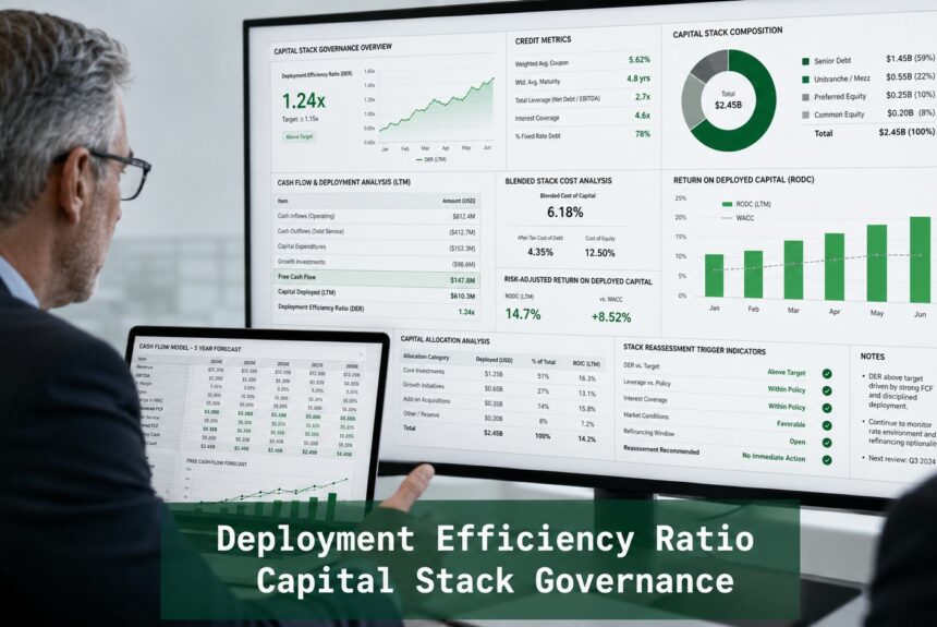 Senior finance professionals reviewing capital stack governance dashboards showing Deployment Efficiency Ratio, blended stack cost, return on deployed capital, and stack reassessment indicators