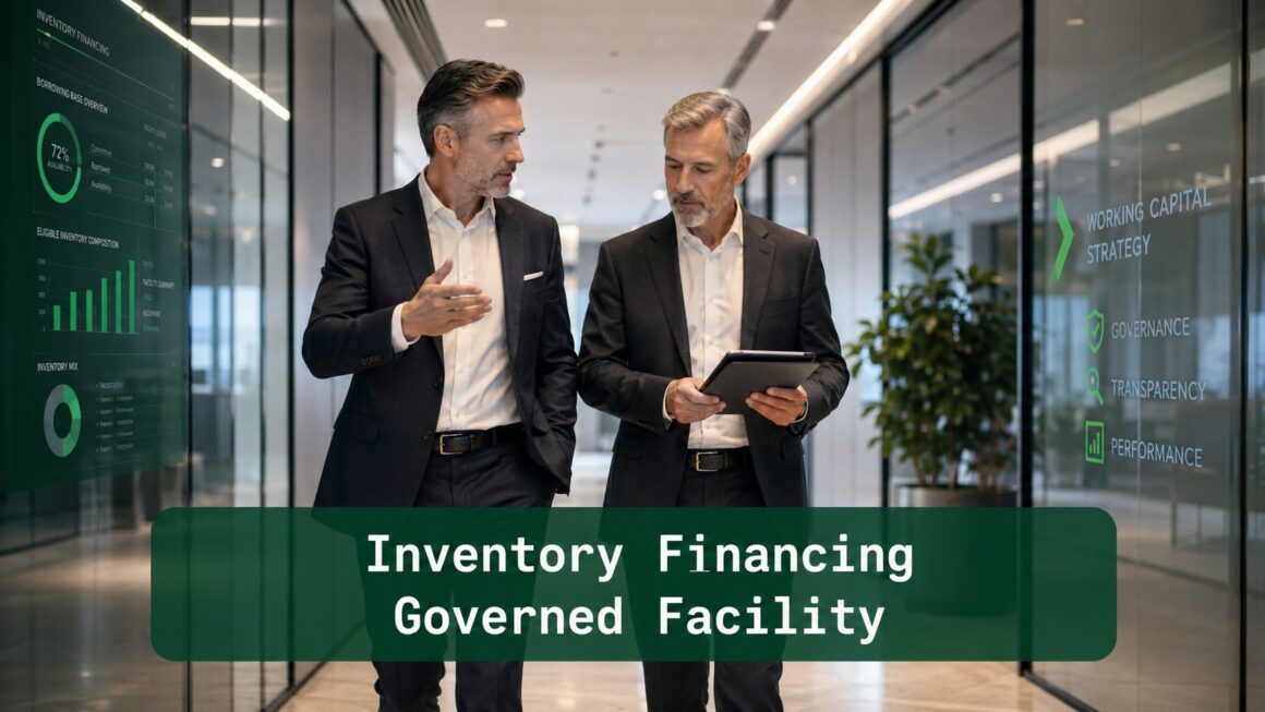 Inventory Financing Governed Facility Senior finance professionals reviewing inventory financing governance in a modern corporate corridor with borrowing base and working capital strategy displays.