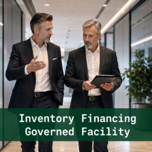 Senior finance professionals reviewing inventory financing governance in a modern corporate corridor with borrowing base and working capital strategy displays.