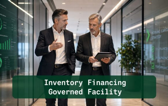 Senior finance professionals reviewing inventory financing governance in a modern corporate corridor with borrowing base and working capital strategy displays.