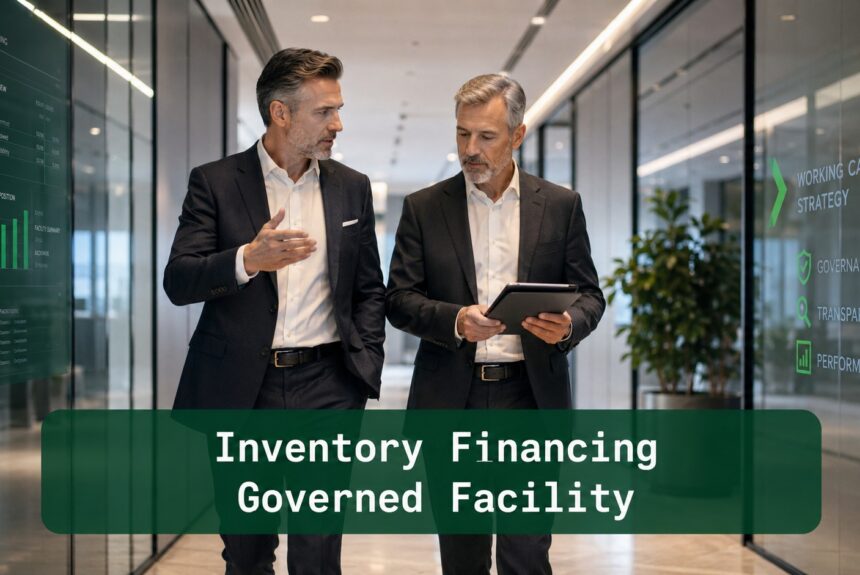 Senior finance professionals reviewing inventory financing governance in a modern corporate corridor with borrowing base and working capital strategy displays.
