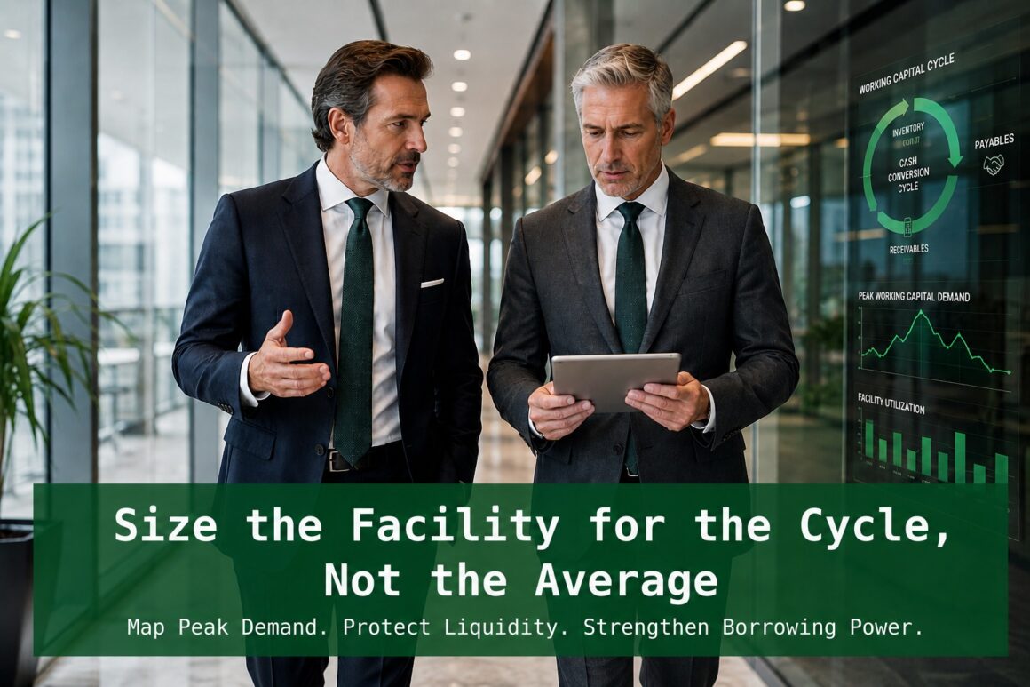 Two senior finance executives walking through a modern corporate corridor discussing working capital cycle analysis and ABL facility sizing strategy