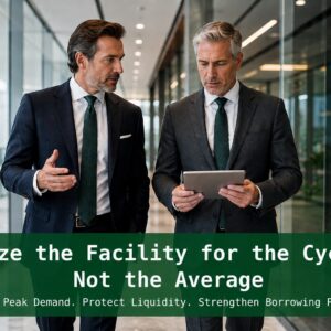 Two senior finance executives walking through a modern corporate corridor discussing working capital cycle analysis and ABL facility sizing strategy