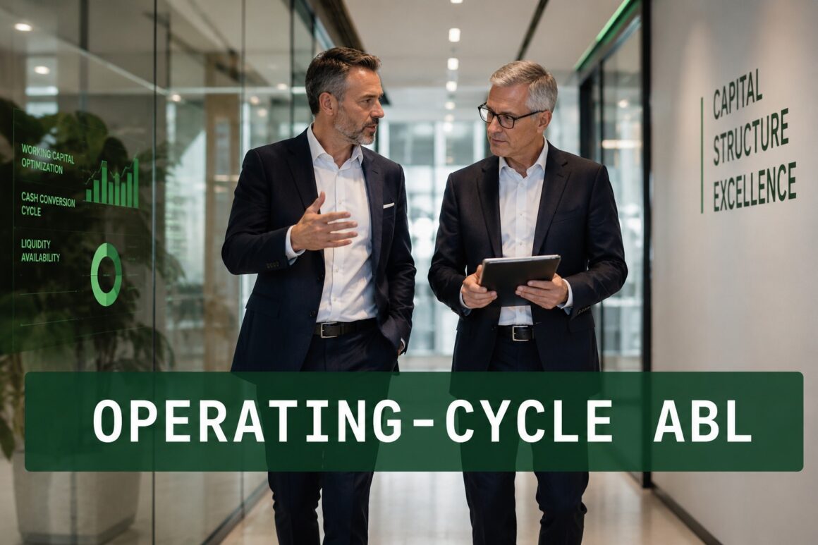Two finance executives walking through a modern corporate corridor discussing operating-cycle ABL facility design and working capital structuring