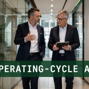 Two finance executives walking through a modern corporate corridor discussing operating-cycle ABL facility design and working capital structuring