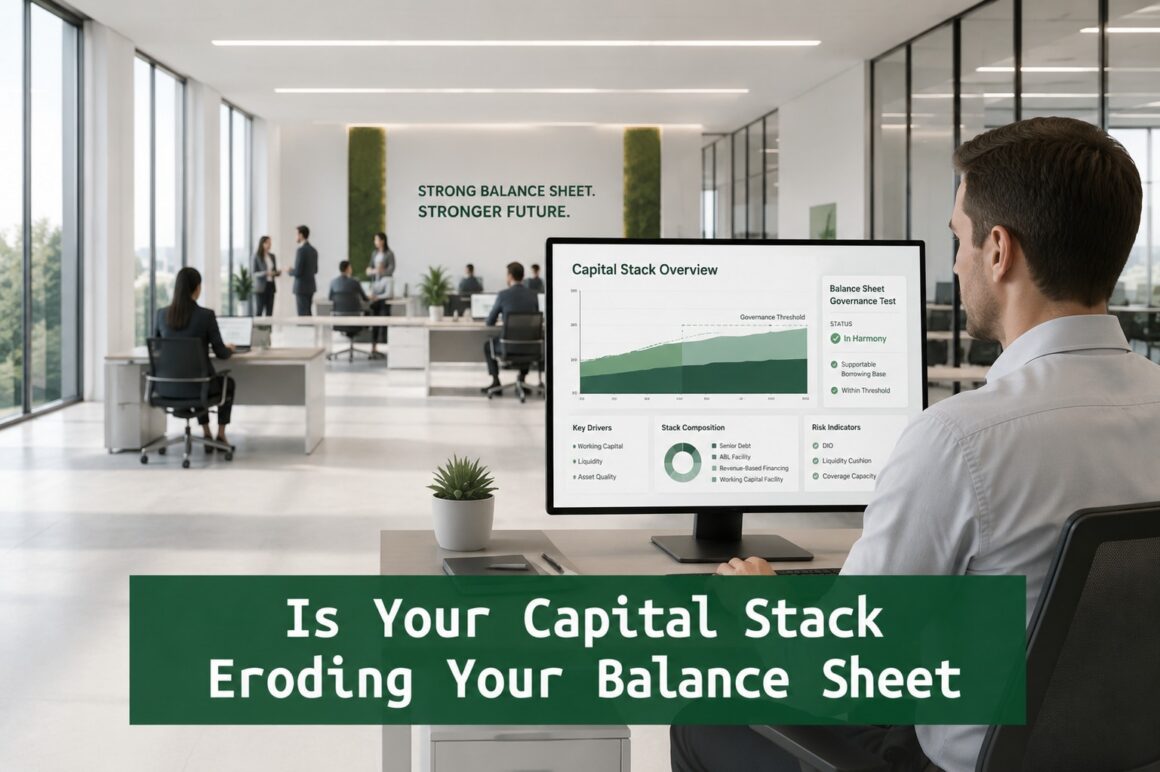 Finance professional reviewing a capital stack dashboard showing whether a company’s capital structure is eroding the balance sheet