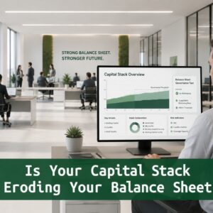 Balance Sheet Governance Test for Capital Stack Risk Finance professional reviewing a capital stack dashboard showing whether a company’s capital structure is eroding the balance sheet
